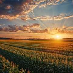 Aufkleber - Golden sun rising over lush cornfield with dramatic clouds in a serene rural landscape. Generative AI