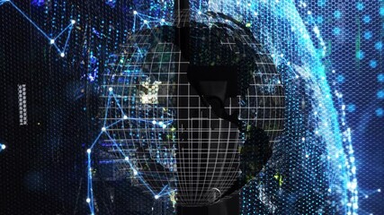 Poster - digital globe with network connections processing data on blue background animation