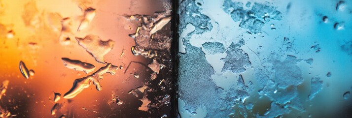 Poster - Textures of frost contrasting with warmth on a window during early morning. Generative AI