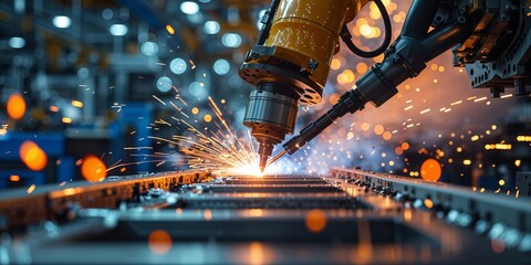 Poster - industrial robot welding metal components in a high-tech manufacturing facility during evening hours