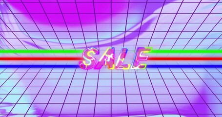 Poster - Colorful SALE text glowing in vibrant neon on retro grid background animation