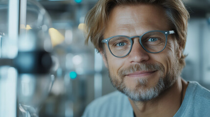 Poster - Close-up of a scientist smiling in a laboratory setting, conveying expertise and professionalism