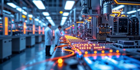 Aufkleber - Advanced manufacturing facility showcasing robotic automation and assembly lines during evening operations