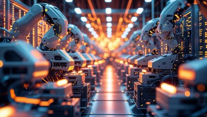 Poster - robotic arms working in a futuristic factory during an automated production process