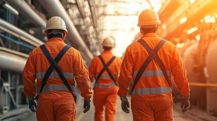 Aufkleber - Three industrial engineers walking through a plant at sunset, showcasing teamwork and professionalism in a dynamic manufacturing environment
