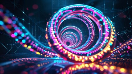 Poster - Colorful spiral tunnel with glowing lights created in a digital environment