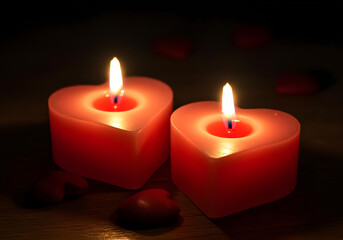 Wall Mural - Two heart-shaped candles create a romantic atmosphere.