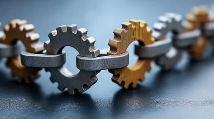 Aufkleber - Close-up of interconnected metal gears forming a chain, symbolizing teamwork, industrial efficiency, and the mechanical precision of engineering processes, Generative AI