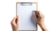 © FATNA - A person holding a blank clipboard with a pen, ready to take notes or jot down ideas. This image conveys organization and productivity in the workplace.