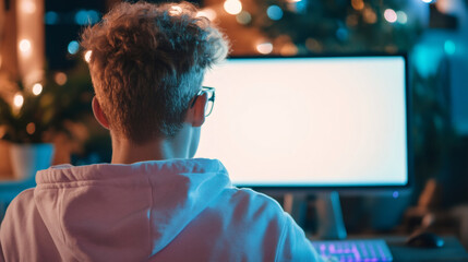 Aufkleber - Male programmer sitting at desk, working late, back facing camera, blank white computer screen illuminating dark home workspace