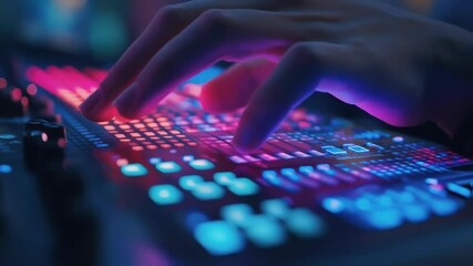 Poster - close up of musician's hands playing a colorful illuminated synthesizer keyboard, creating electroni
