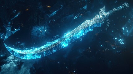 glowing blue fantasy sword on dark background.