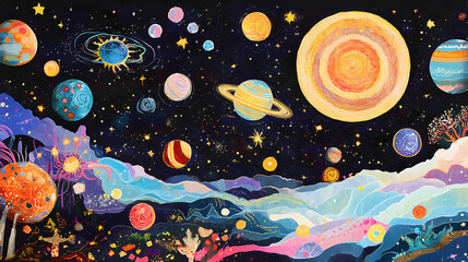 Wall Mural - A vibrant cosmic scene featuring various planets, stars, and celestial bodies in a dark space background. Celestial - Sky. Illustration