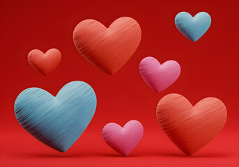 Wall Mural - Colorful handmade hearts on a vibrant red background.