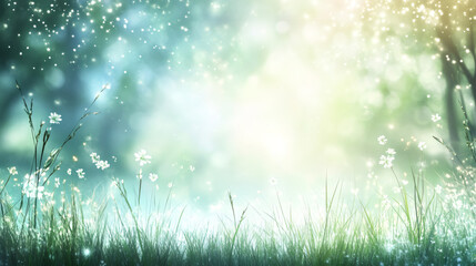 Poster - Soft meadow blossoms swaying in golden sunshine, casting ethereal light on delicate white petals amid tall grass