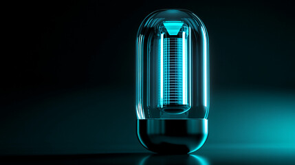 Poster - A glowing futuristic blue neon light tube in a dark setting with sleek metallic base, showcasing a modern, high-tech display concept with illuminated reflections on the surface.