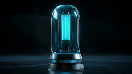 Poster - A glowing futuristic neon blue light tube enclosed in a transparent glass dome, placed on a metallic base, showcasing modern technology and innovation with sleek design and ambient lighting.