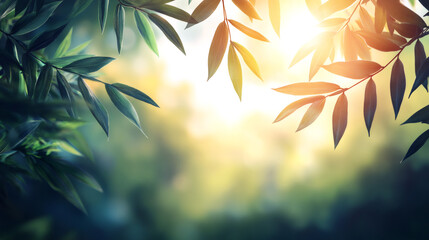 Aufkleber - Green leaves frame a beautiful sunrise in a forest, creating a serene and natural background