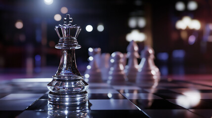 Fototapete - Close-up of a glass chess queen piece on a chessboard with blurred white pieces in the background. The image symbolizes strategy, leadership, and intellect in a game of chess.