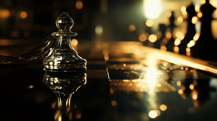 Poster - Close-up of a glass pawn chess piece with a soft bokeh background. The image symbolizes strategy, concentration, and competition in a game of chess.