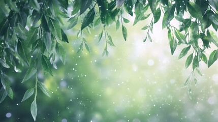 Poster - Green leaves cascading during summer rainfall, soft bokeh background, space for text