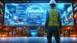 © อรุณ สตามัน - Warehouse worker analyzing data in high-tech environment smart storage facility digital insights futuristic view