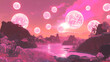 © Thiago - Pink luminescent sphere formations in the air, shapes, formations. Luminescent - Ocean. Illustration