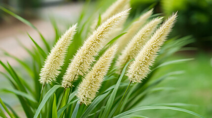 Aufkleber - Ornamental Pennisetum alopecuroides with delicate white plumes gracefully swaying in lush garden landscape