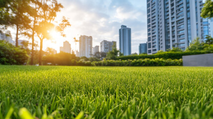Poster - Green grass field shining in front of modern buildings at sunset in a beautiful urban park