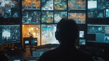 Aufkleber - Production crew member wearing headphones sits in a dark control room, monitoring multiple screens showing various angles of a live event, ensuring smooth execution and high quality output