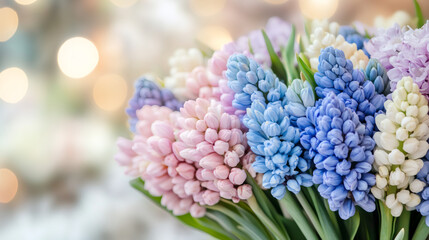 Aufkleber - Soft pink, blue, white hyacinths blossoming against dreamy blurred background