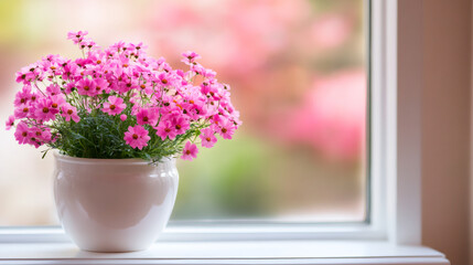 Poster - Pink cosmos blooming near window, soft garden backdrop blending soft pastel tones with interior light