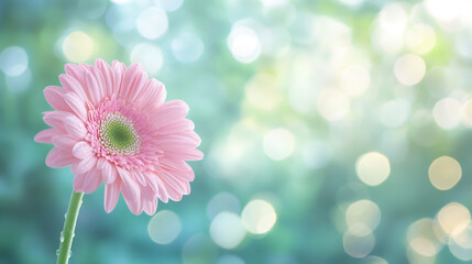 Aufkleber - Pink gerbera displaying delicate water droplets, soft bokeh background highlighting natural beauty and floral elegance