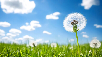 Aufkleber - Dandelion with ripe seeds growing in green grass under blue sky with white clouds, representing spring, nature, and fragility