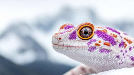 Poster - Vibrant purple-spotted gecko focusing intently with sharp gaze against blurred natural backdrop, showcasing exotic reptilian beauty