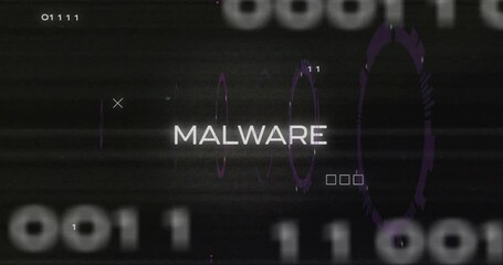 Poster - binary code with abstract purple shapes creating digital malware animation concept