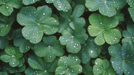 Poster - Vibrant green clover leaves glistening with fresh raindrops, creating a refreshing natural background
