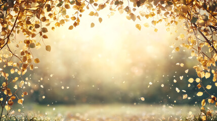 Aufkleber - Beautiful autumn leaves falling from tree branches in a magical forest with golden sunlight and bokeh effect