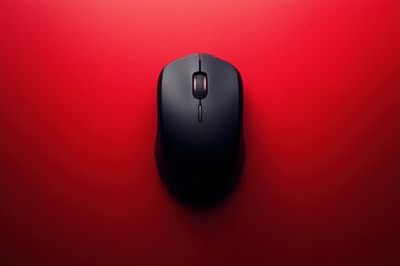 Fototapete - A black computer mouse sits centered on a vibrant red background, highlighting its smooth surface and ergonomic design ideal for detailed navigation