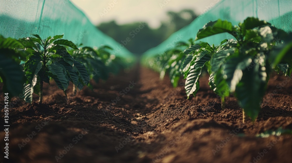 Young coffee plants growing in a nursery, neatly arranged in rows under ...