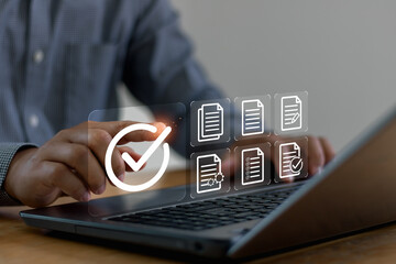 Leinwandbilder - Document management System (DMS) Digital rights management. Businessman touch virtual glowing correct sign mark and document for online approve file paperless and quality assurance concept.
