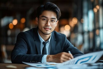 Poster - Business professional engaged in work at a modern office during a late afternoon meeting