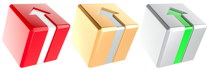 Poster - Set of Cubes with arrows. Red, golden and metallic cubes. Business logotypes concept, 3D rendering isolated on transparent background