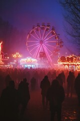 Wall Mural - Night fair with Ferris wheel, crowd silhouettes, and pink lighting.