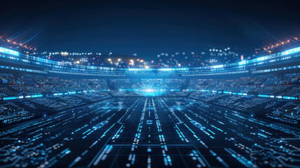 Poster - futuristic sports stadium with digital elements and glowing lights, showcasing vibrant atmosphere for events and competitions