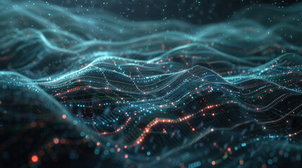 Poster - Digital waves of data flow, creating mesmerizing visual of interconnected lines and glowing particles. This abstract representation evokes sense of depth and movement