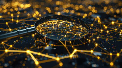 Poster - Magnifying glass over network of glowing connections, symbolizing data analysis and technology. intricate web of lights represents digital communication and information flow