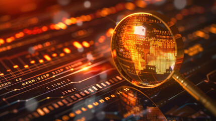 Poster - Magnifying glass over digital data, highlighting information and technology trends. warm glow of data visualization creates engaging atmosphere for tech enthusiasts