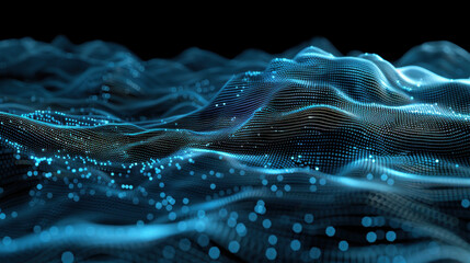 Poster - mesmerizing digital landscape of flowing blue waves, created with intricate dots and lines, evokes sense of depth and movement in virtual space