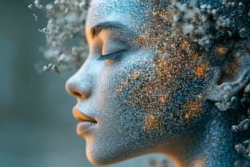 Poster - Woman with intricate patterns on her face surrounded by ethereal textures in a serene environment